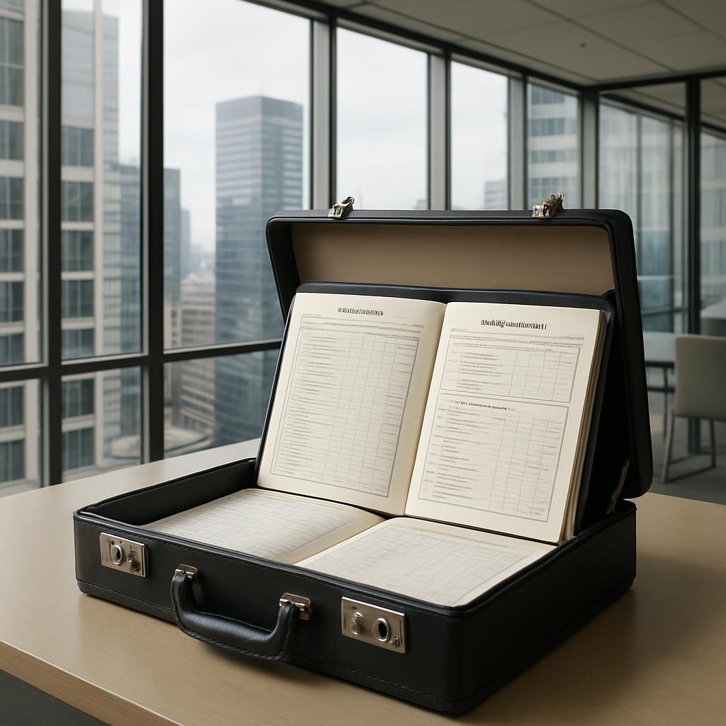 A black briefcase with a physically wide open lid sits on a pale brown wooden office desk. Within the briefcase, a planner...