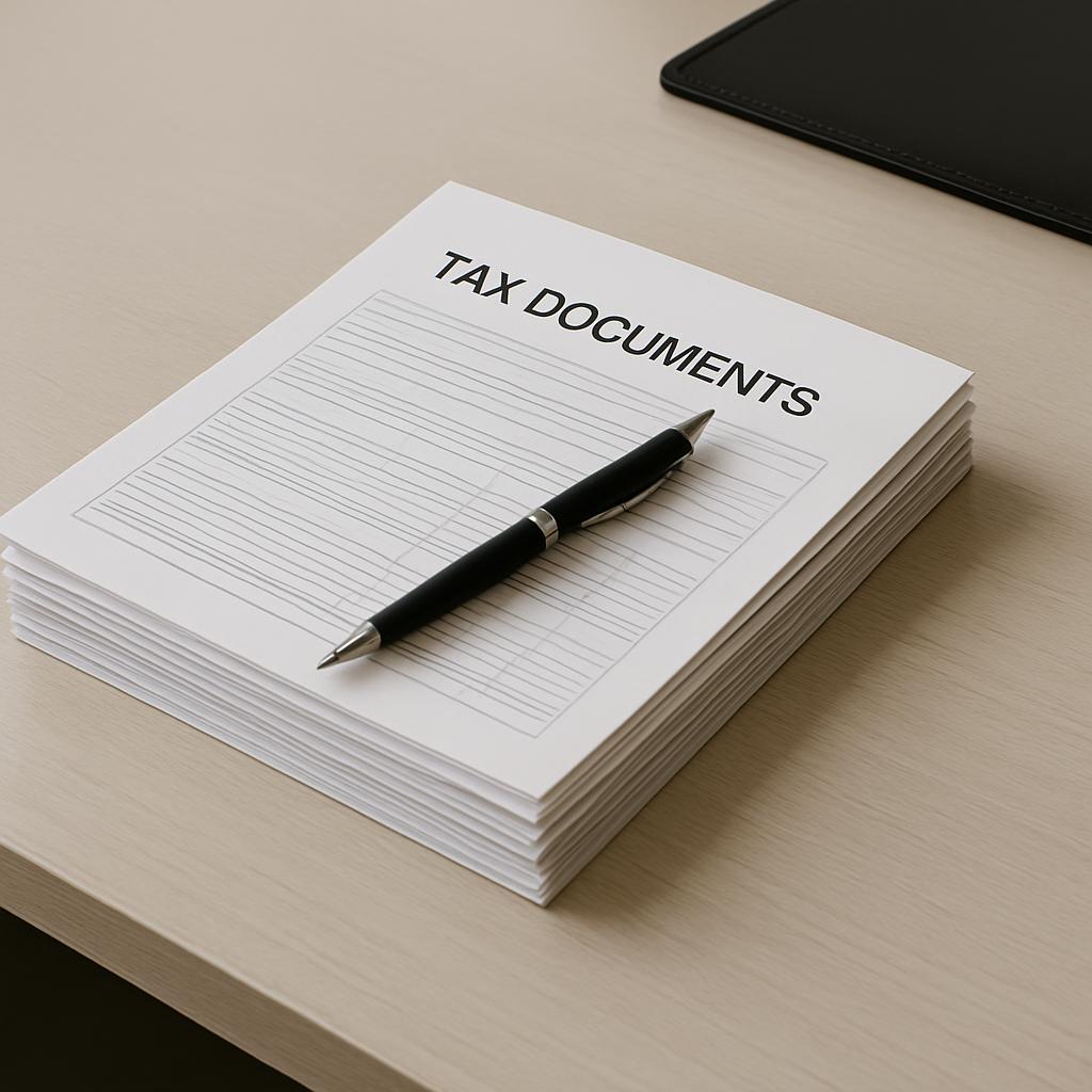 一疊支票本上寫有「TAX DOCUMENTS」的紙條以及一種黑色和銀色的筆，支在等幅頂上。複合板可供Writing或Doing記錄所需的事件。