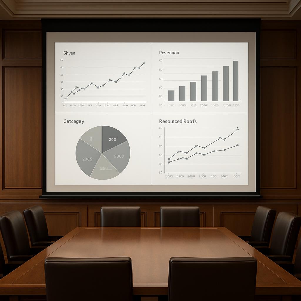 A presentation screen displays four graphs: 'Shvae', 'Revention', 'Catcegay', and 'Resourced Roofs'. The background featur...