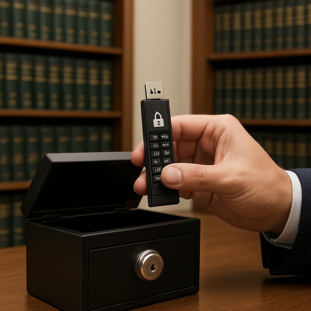A hand in a suit holding a black device with a white lock icon over an open black safe on a desk in front of bookshelves.