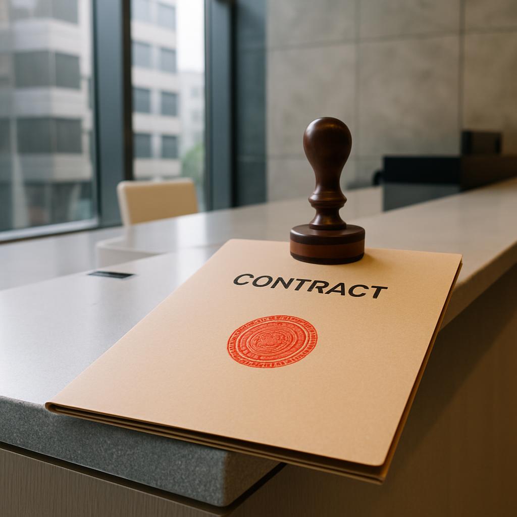 The contract is placed on a desk that appears to be located in an office-like setting, immediate vicinity that is not imme...