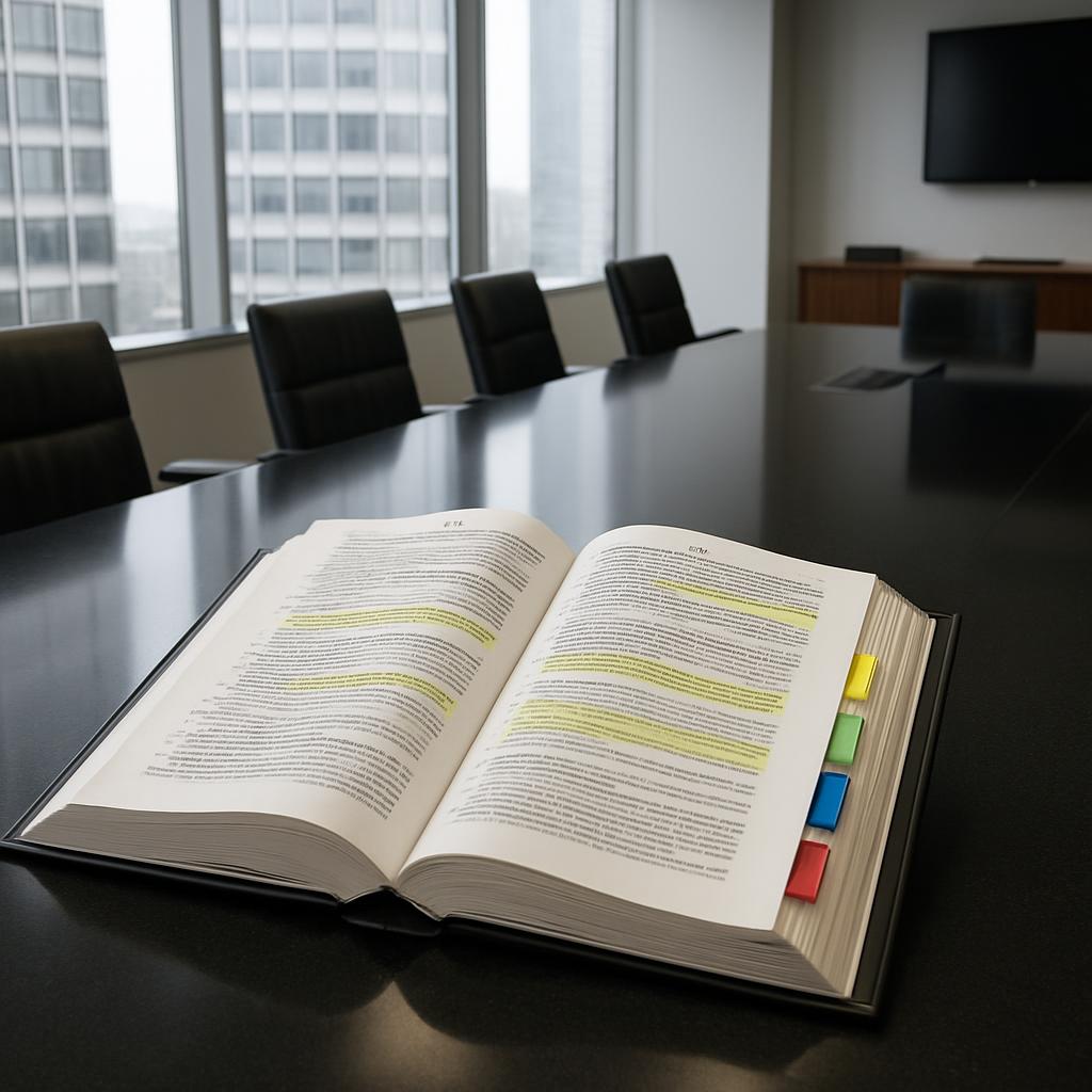 A large gray conference table filled with an open legal book, indexed and highlighted in chapters, ready for a meeting or ...